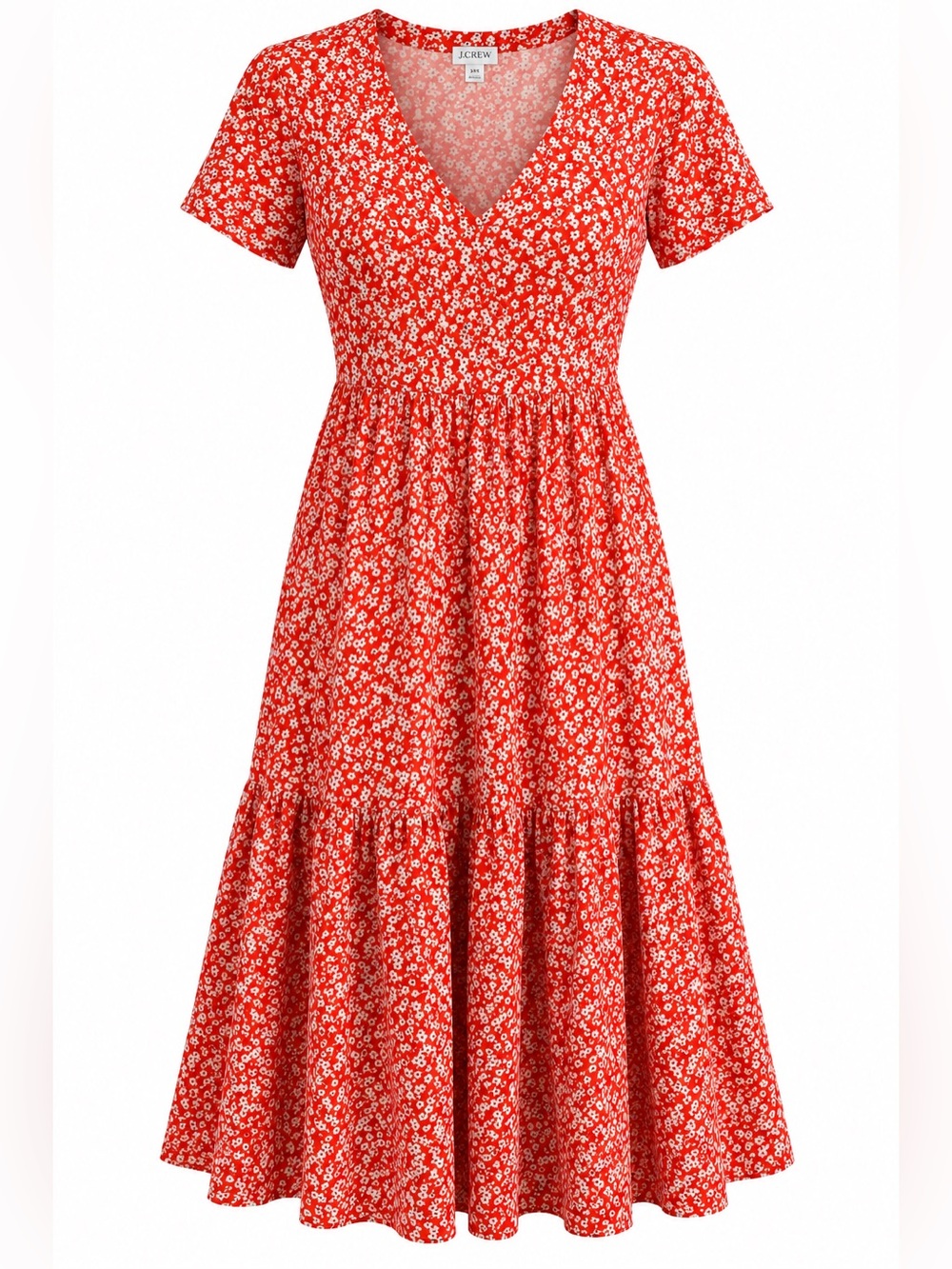 J.CREW Red Ditsy Floral White & Black Short-Sleeve V-neck Tiered Midi Dress, XXS